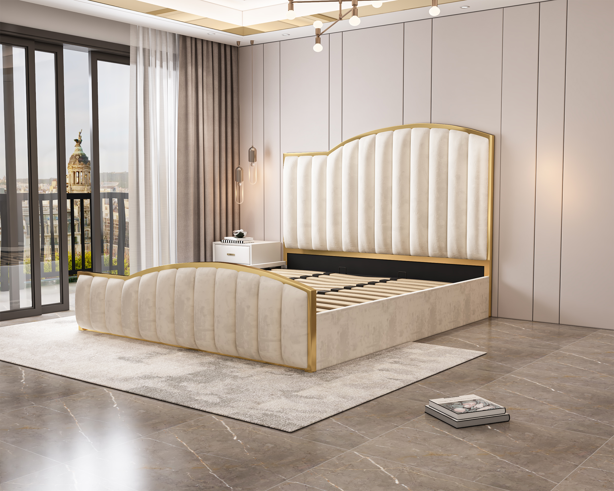 Elegant Luxury King Size Bedframe in Beige with Gas Lift Storage Velvet Fabric Golden Trim V357-STARSHINE-KING-BEIGE