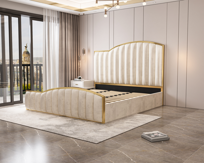 Elegant Luxury King Size Bedframe in Beige with Gas Lift Storage Velvet Fabric Golden Trim V357-STARSHINE-KING-BEIGE