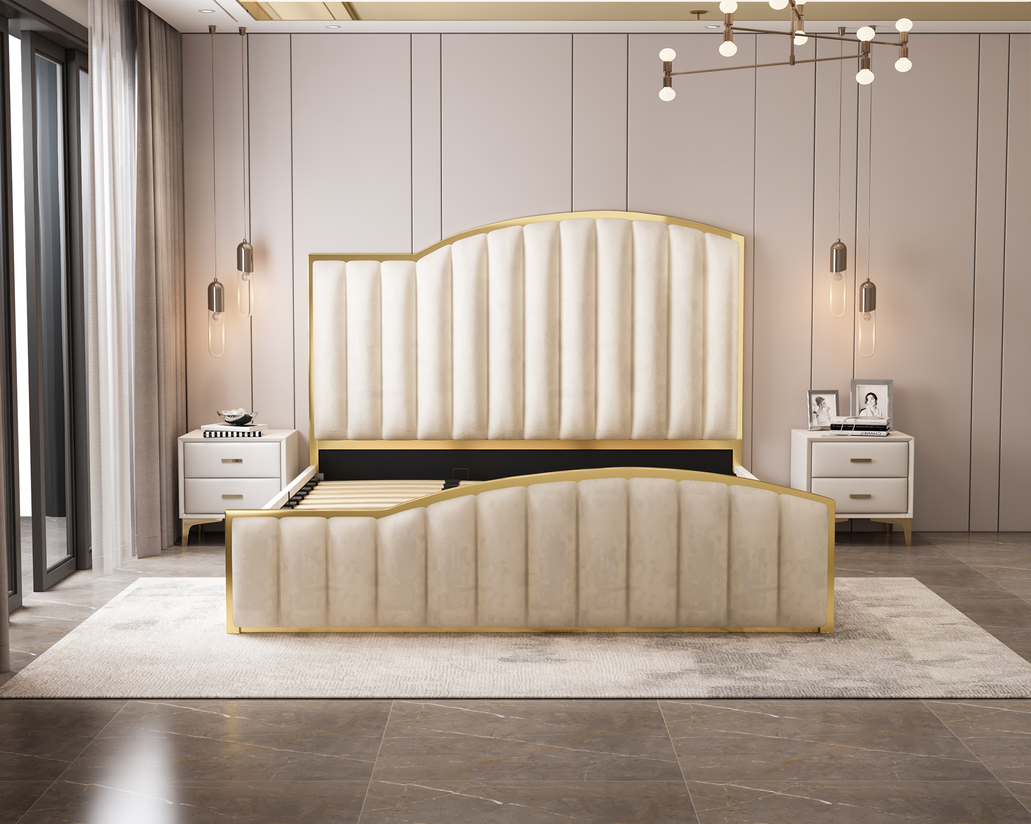 Elegant Luxury King Size Bedframe in Beige with Gas Lift Storage Velvet Fabric Golden Trim V357-STARSHINE-KING-BEIGE