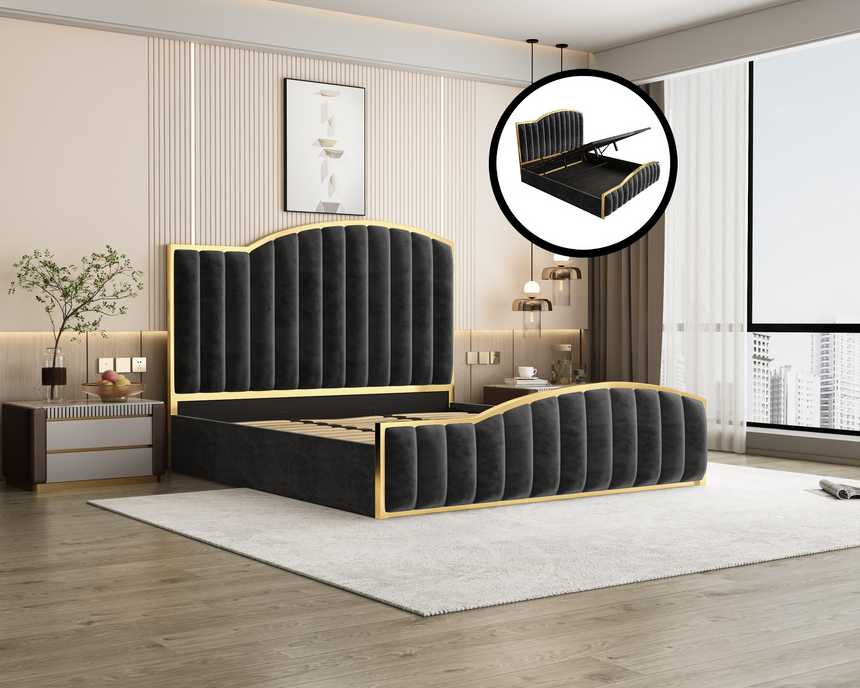Elegant King Bedframe Charcoal Velvet Fabric with Gas Lift Storage and Golden Trim V357-STARSHINE-KING-CHARCOAL-ABC