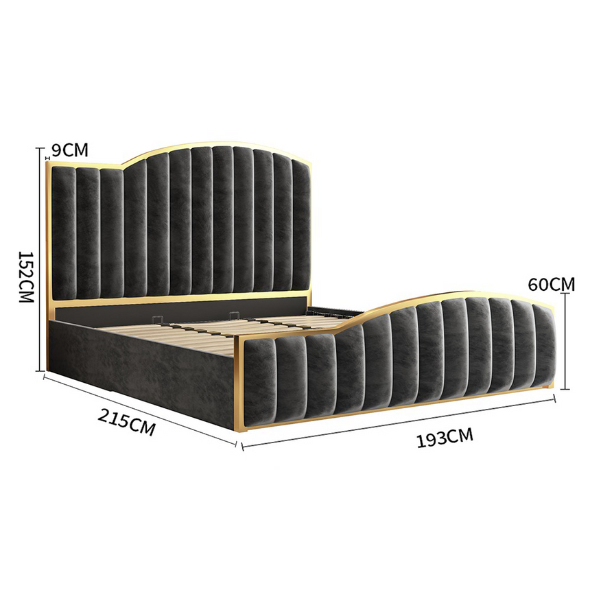 Elegant King Bedframe Charcoal Velvet Fabric with Gas Lift Storage and Golden Trim V357-STARSHINE-KING-CHARCOAL-ABC