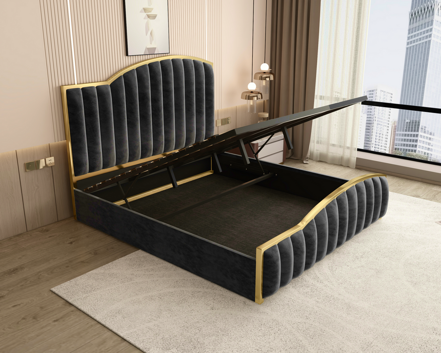 Elegant King Bedframe Charcoal Velvet Fabric with Gas Lift Storage and Golden Trim V357-STARSHINE-KING-CHARCOAL-ABC