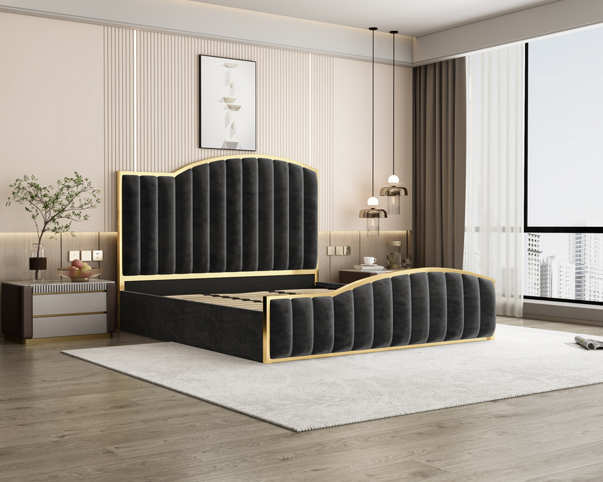 Elegant King Bedframe Charcoal Velvet Fabric with Gas Lift Storage and Golden Trim V357-STARSHINE-KING-CHARCOAL-ABC