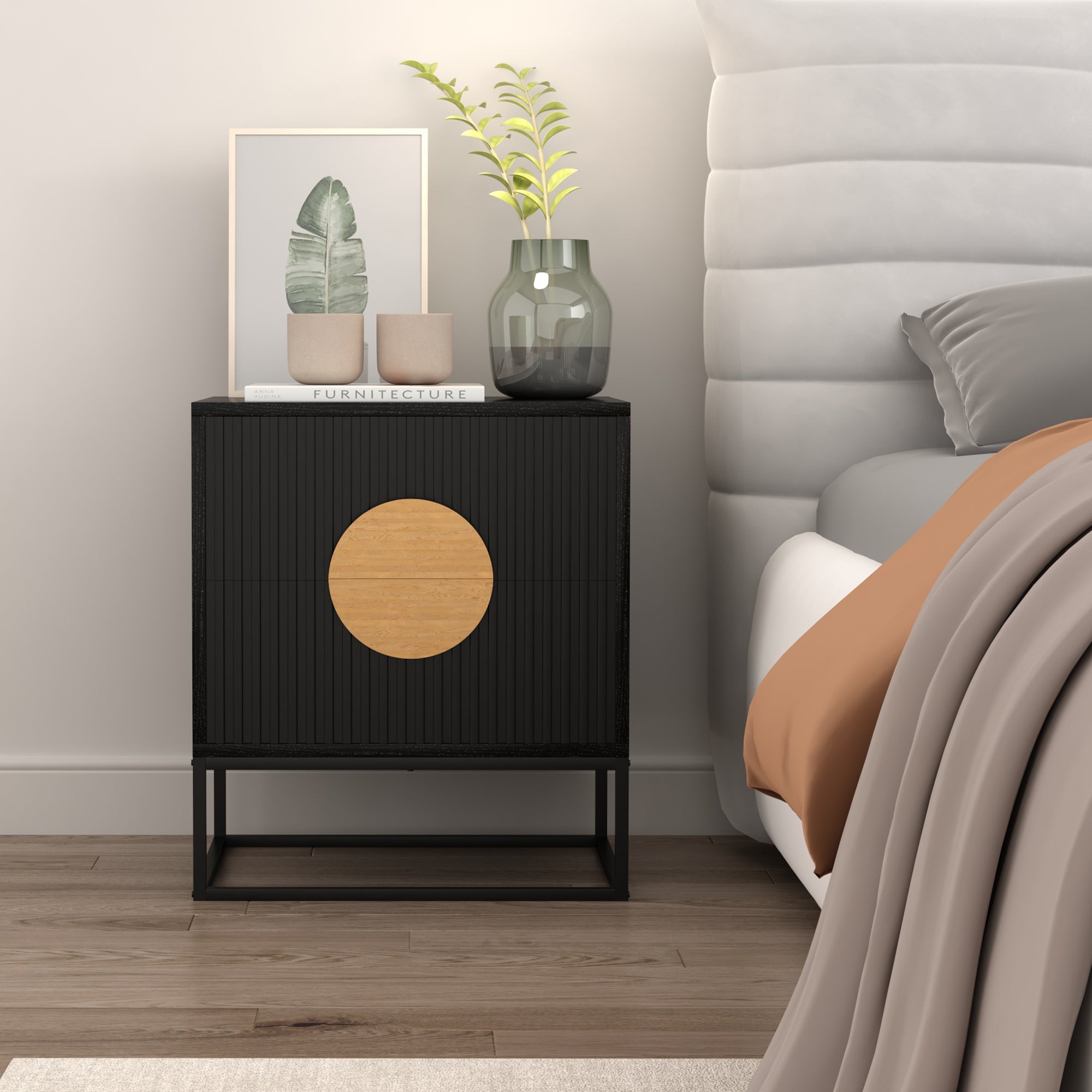 Belmonte Fluted Bedside Table in Black V369-203691S-BLACK