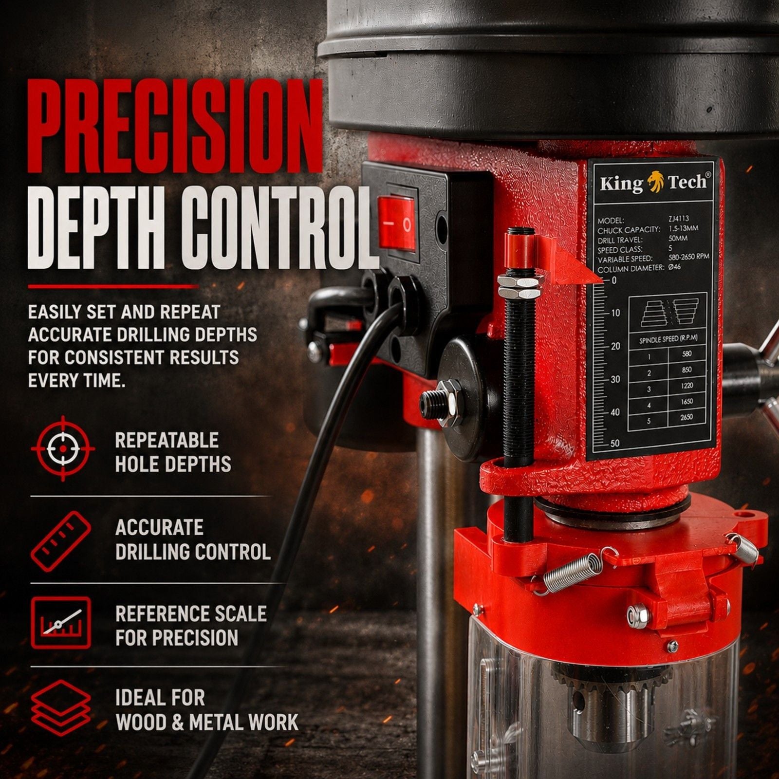 King Tech 450W Drill Press Pedestal Benchtop Bench Stand Pillar 5 Variable Speed