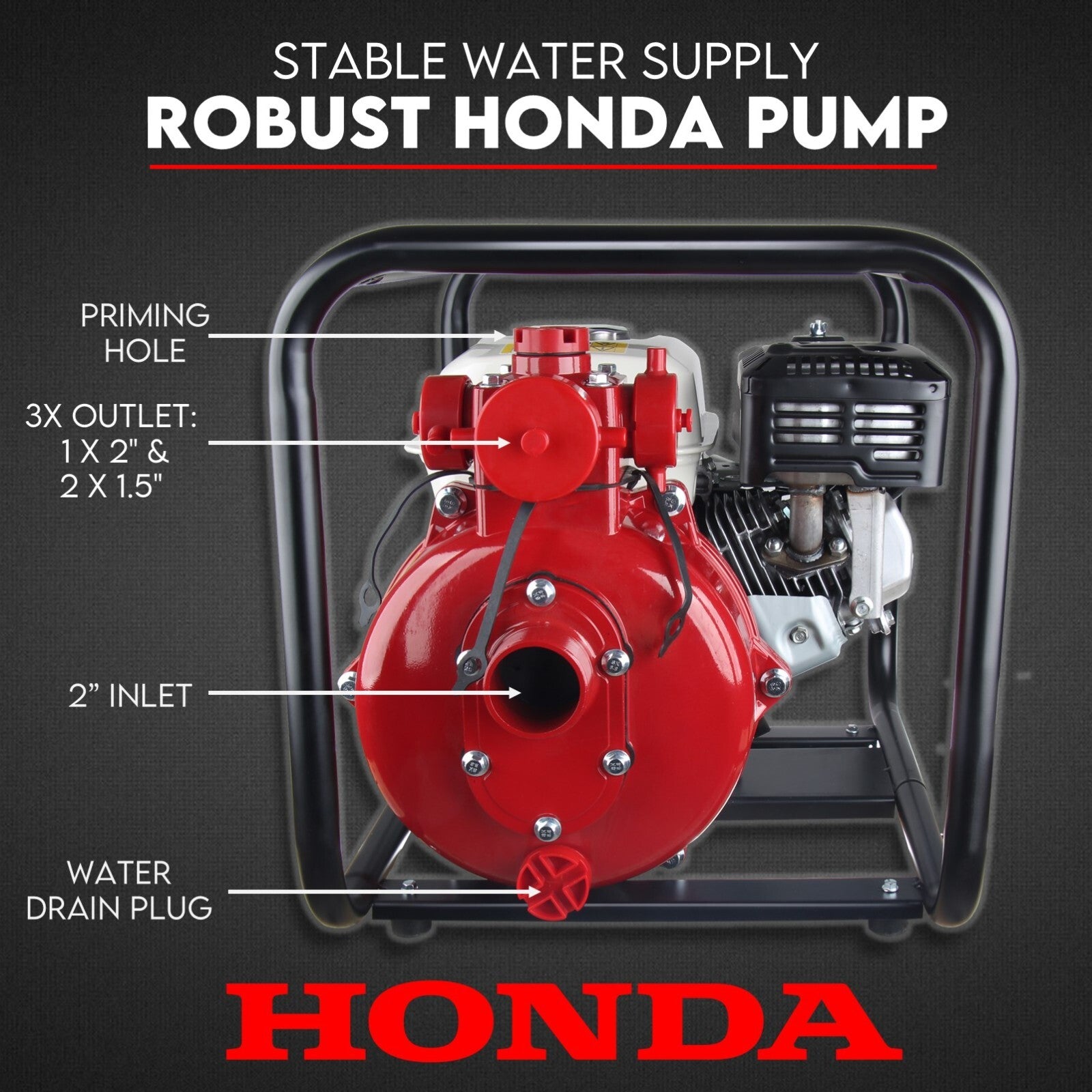6.5HP Petrol Water Pump Honda GP200 Twin Impeller Irrigation Fire Fighting V379-PETRLWTRGP