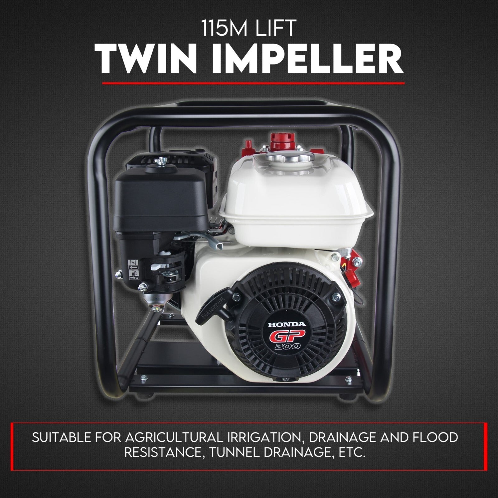 6.5HP Petrol Water Pump Honda GP200 Twin Impeller Irrigation Fire Fighting V379-PETRLWTRGP