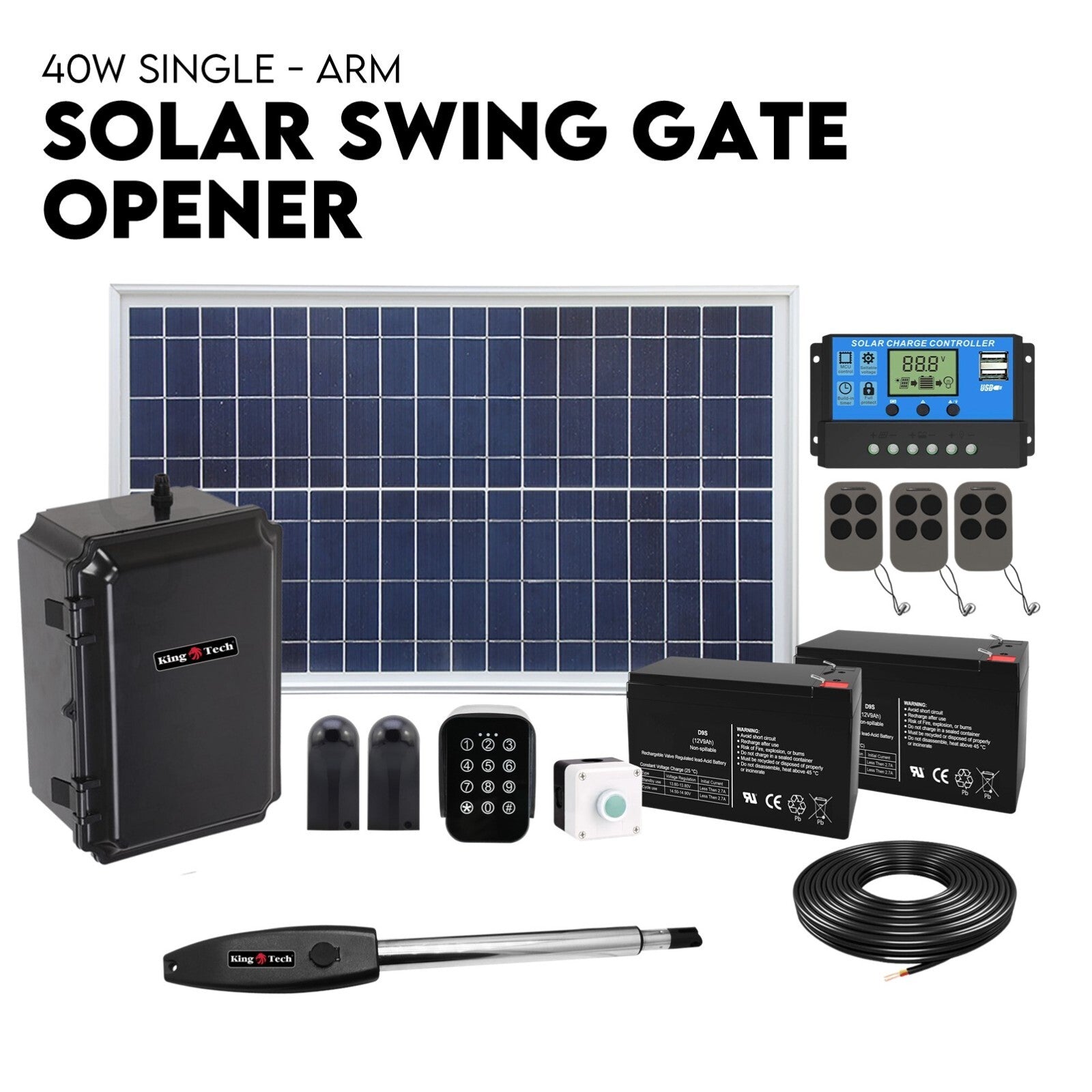 40W Full Solar Powered Automatic Remote Single Swing Gate Opener Battery V379-SNGLSOLAR0