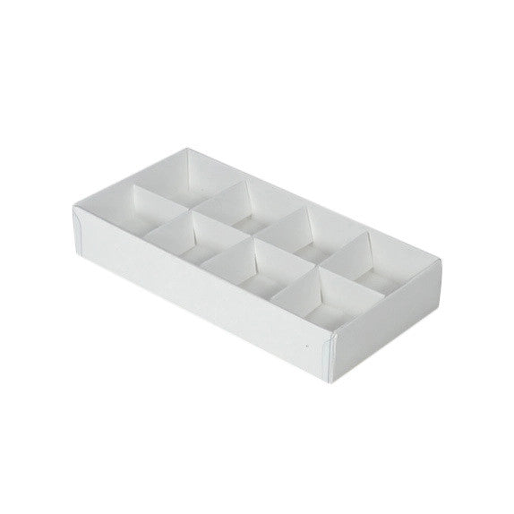 100 Pack of White Card Chocolate Sweet Soap Product Retail Gift Box - 8 bay 3cm Compartments - Clear Slide On V382-100CHOC8BAY