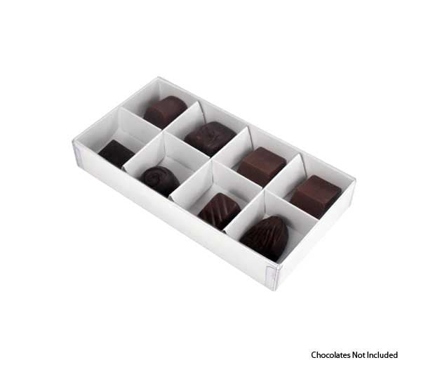 100 Pack of White Card Chocolate Sweet Soap Product Retail Gift Box - 8 bay 3cm Compartments - Clear Slide On V382-100CHOC8BAY