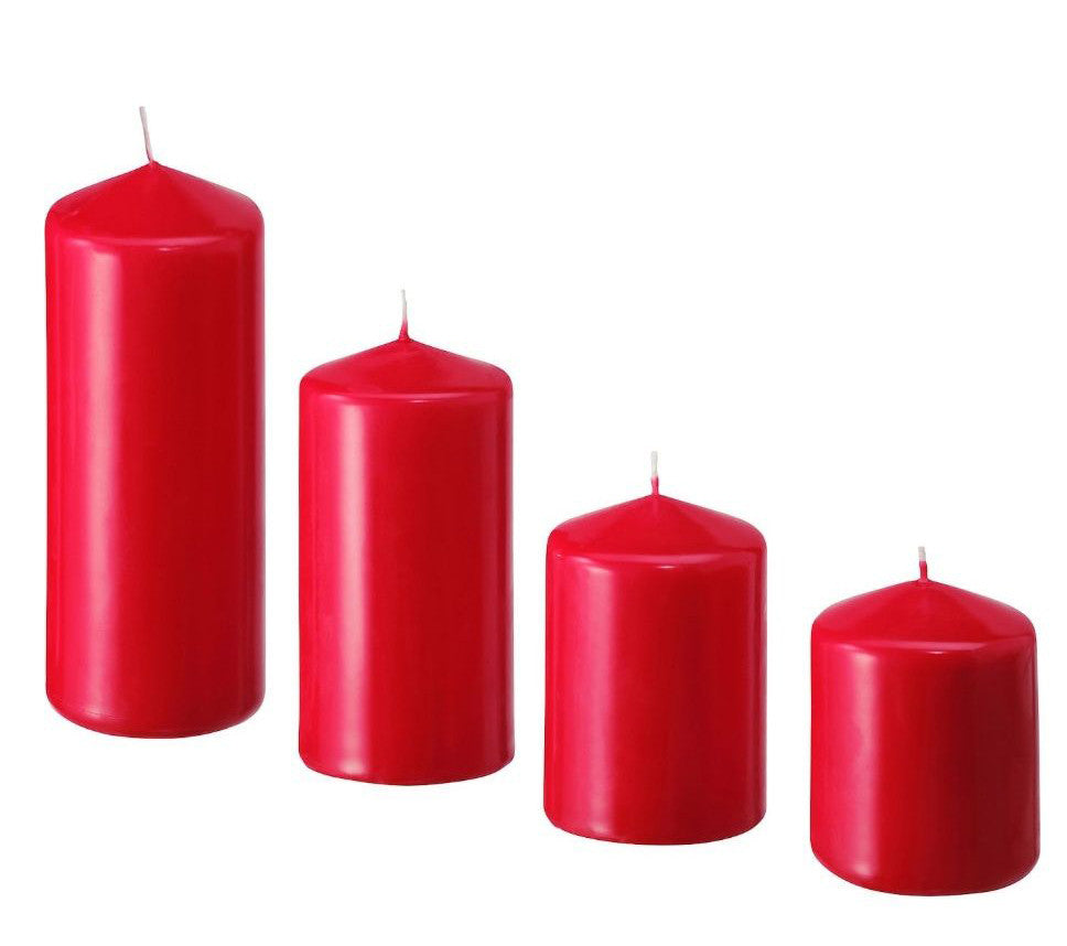 4 Pack Red Wax Pillar Advent Candles Xmas Wedding Party Table Room Centrepiece Decor Graduated sized 6 to V382-4REDWAXPILLAR