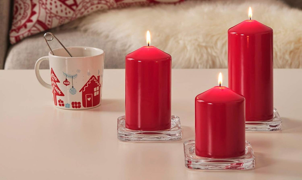 4 Pack Red Wax Pillar Advent Candles Xmas Wedding Party Table Room Centrepiece Decor Graduated sized 6 to V382-4REDWAXPILLAR