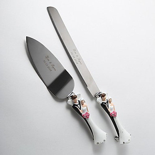 Bride Groom Cake Server Set Wedding Cake Knife and Silver Blade Server Set Boxed - Bride Groom Handles V382-BGSERVERSET
