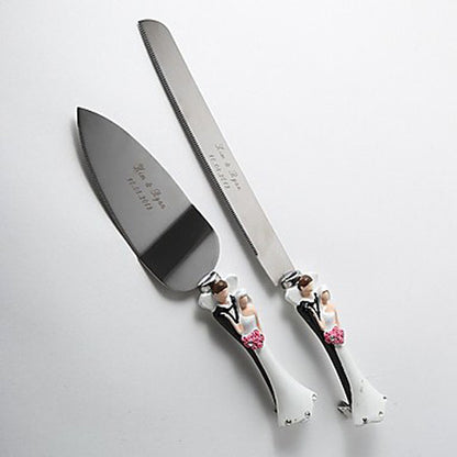 Bride Groom Cake Server Set Wedding Cake Knife and Silver Blade Server Set Boxed - Bride Groom Handles V382-BGSERVERSET