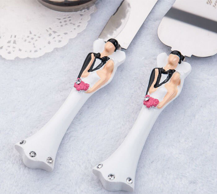 Bride Groom Cake Server Set Wedding Cake Knife and Silver Blade Server Set Boxed - Bride Groom Handles V382-BGSERVERSET