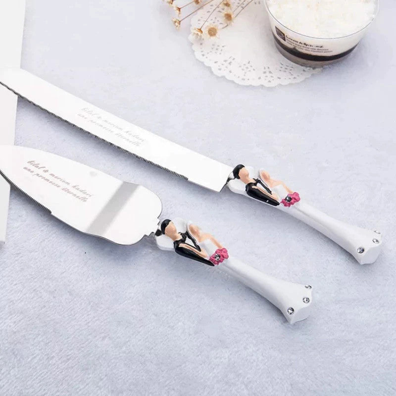 Bride Groom Cake Server Set Wedding Cake Knife and Silver Blade Server Set Boxed - Bride Groom Handles V382-BGSERVERSET
