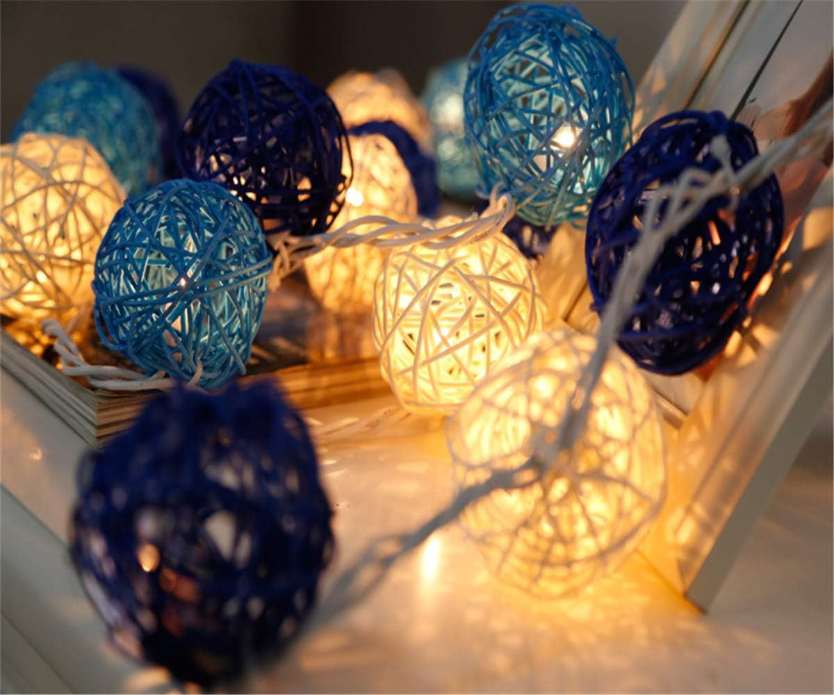 1 Set of Blue n White 5cm Rattan Cane 20 Ball Battery Powered 3m String Lights Christmas Gift Home Wedding V382-BLUWHITERATTBALLBATT20