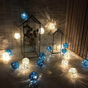1 Set of Blue n White 5cm Rattan Cane 20 Ball Battery Powered 3m String Lights Christmas Gift Home Wedding V382-BLUWHITERATTBALLBATT20