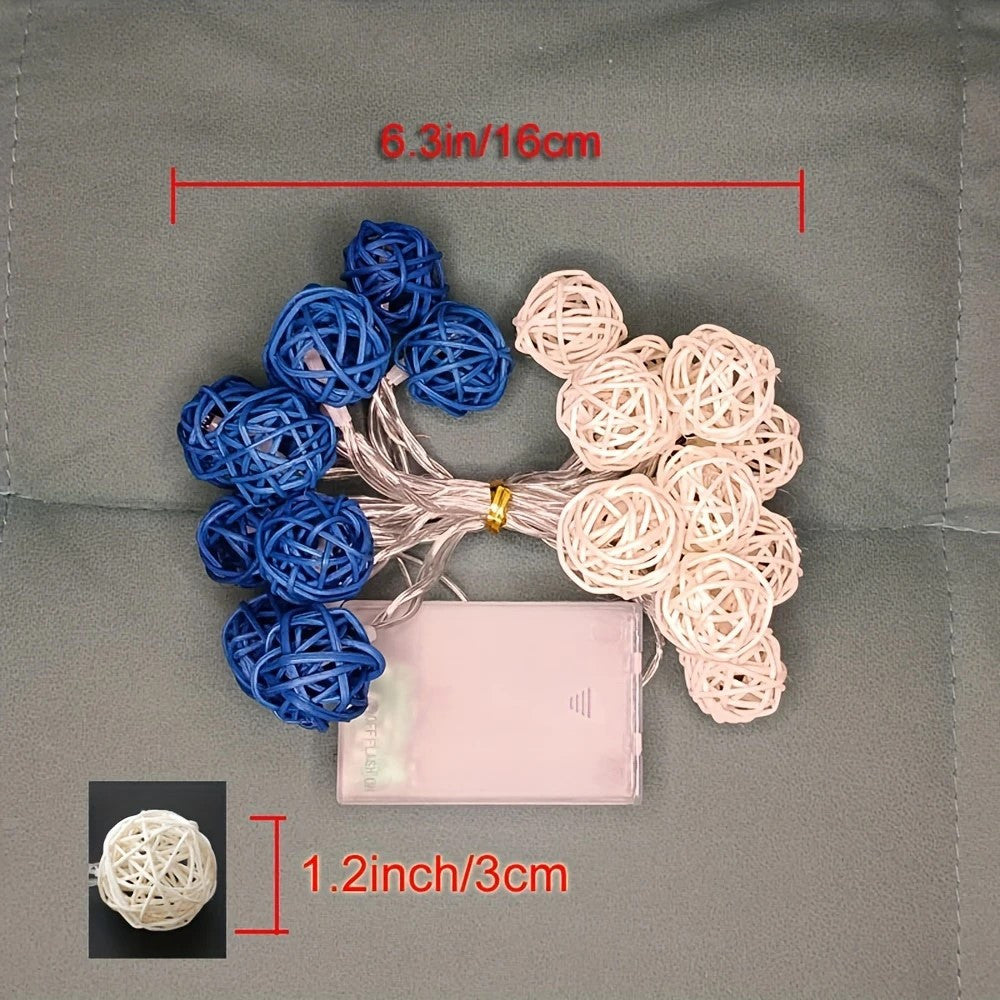 1 Set of Blue n White 5cm Rattan Cane 20 Ball Battery Powered 3m String Lights Christmas Gift Home Wedding V382-BLUWHITERATTBALLBATT20