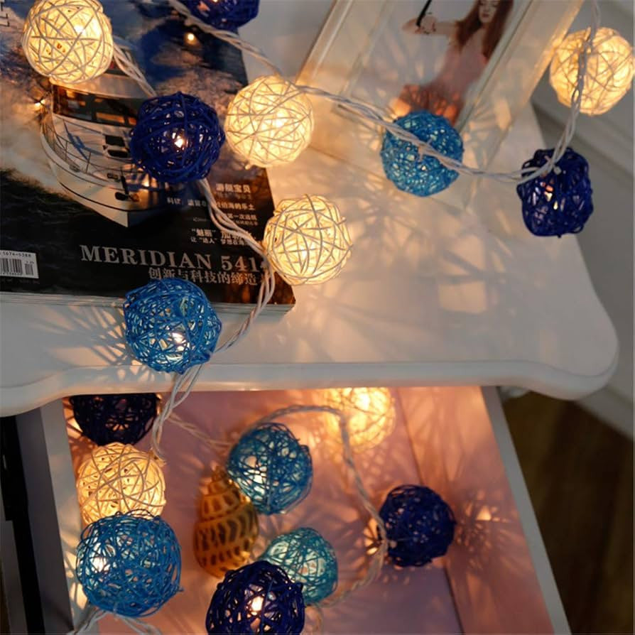 1 Set of Blue n White 5cm Rattan Cane 50 Ball Battery Powered LONG 5m String Lights Christmas Gift Home V382-BLUWHITERATTBALLBATT50