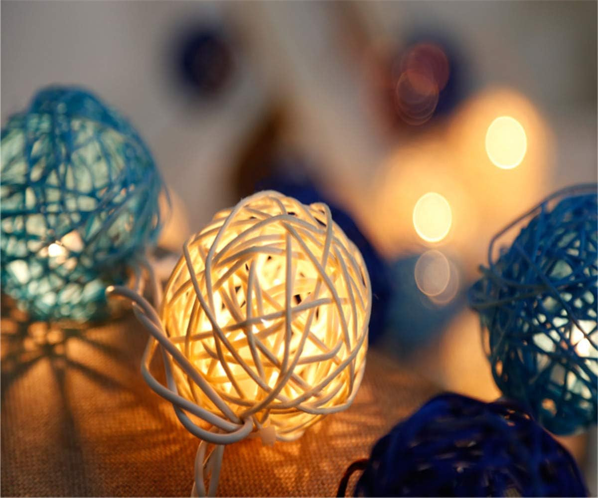 1 Set of Blue n White 5cm Rattan Cane 50 Ball Battery Powered LONG 5m String Lights Christmas Gift Home V382-BLUWHITERATTBALLBATT50