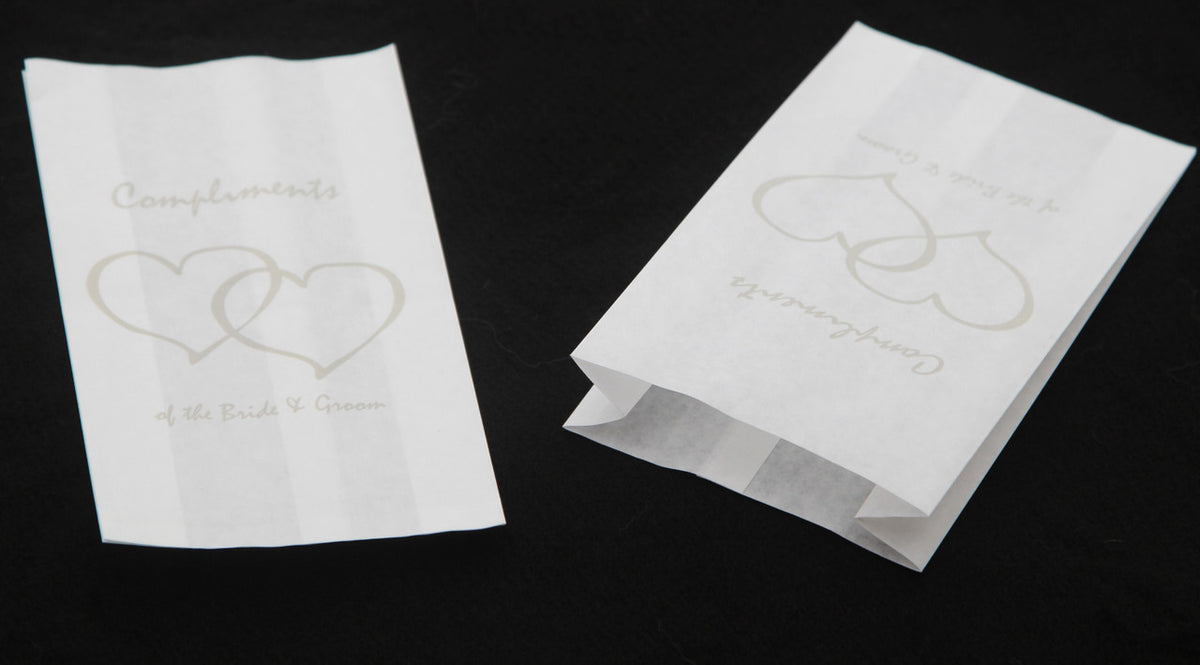 100 Pack Wedding Cake Bags Greaseproof Wax Paper Slice Take Home Favour Silver Heart n Message V382-CAKEBAG100SBG
