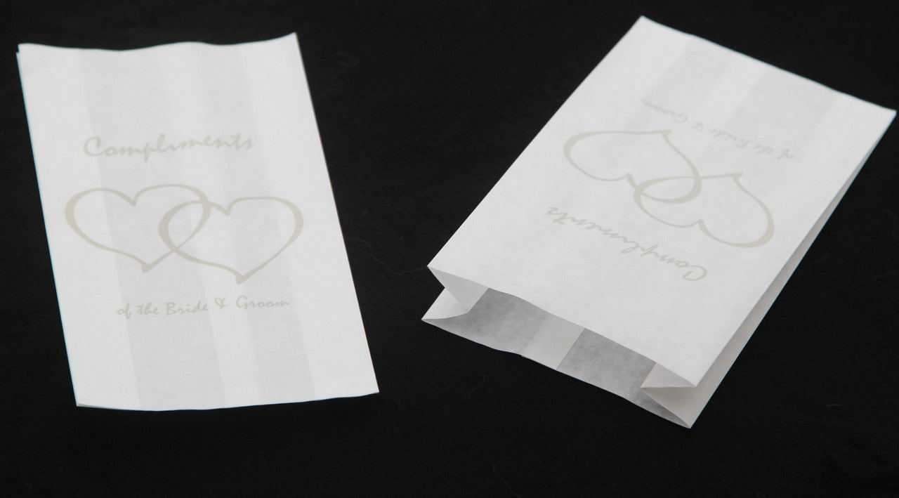 100 Pack Wedding Cake Bags Greaseproof Wax Paper Slice Take Home Favour Silver Heart n Message V382-CAKEBAG100SBG