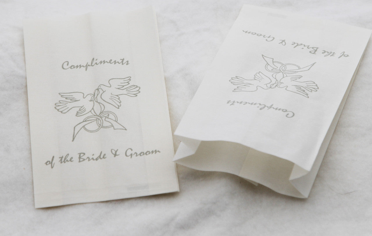 150 Pack Wedding Cake Bags Greaseproof Wax Paper Slice Take Home Favour Silver Doves V382-CAKEBAG150DOVES