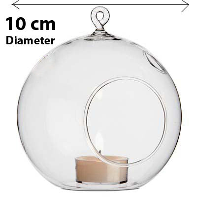 10 x Hanging Clear Glass Ball Tealight Candle Holder - 10cm Diameter / High - Wedding Globe Decoration V382-CLRBALL10CMX10