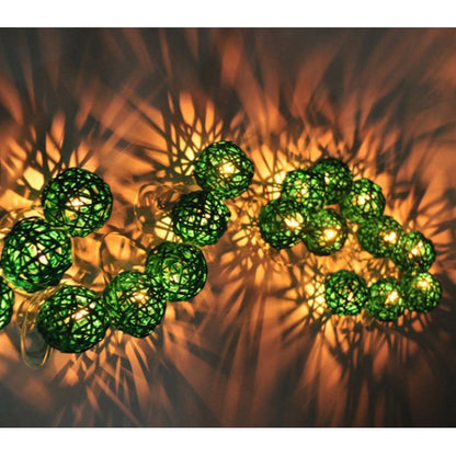 1 Set of Green 5cm Rattan Cane 20 Ball Battery Powered 3m String Lights Christmas Gift Home Wedding Party V382-GREENRATTBALLBATT20