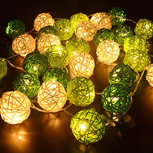 1 Set of Green n White 5cm Rattan Cane 20 Ball Battery Powered 3m String Lights Christmas Gift Home Wedding V382-GREENWHITERATTBALLBATT20