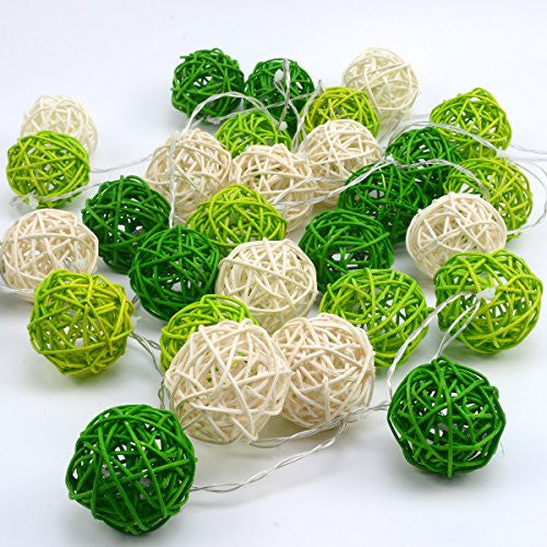 1 Set of Green n White 5cm Rattan Cane 20 Ball Battery Powered 3m String Lights Christmas Gift Home Wedding V382-GREENWHITERATTBALLBATT20