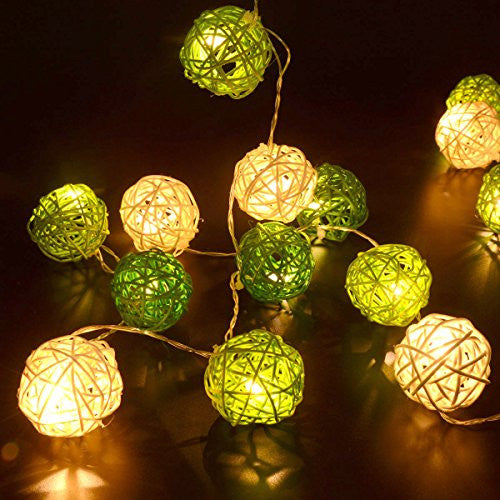 1 Set of Green n White 5cm Rattan Cane 20 Ball Battery Powered 3m String Lights Christmas Gift Home Wedding V382-GREENWHITERATTBALLBATT20