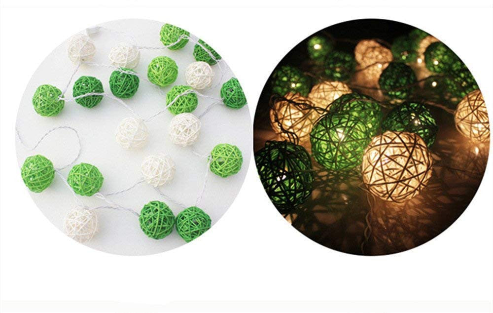 1 Set of Green n White 5cm Rattan Cane 20 Ball Battery Powered 3m String Lights Christmas Gift Home Wedding V382-GREENWHITERATTBALLBATT20