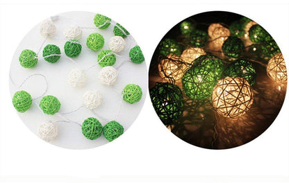 1 Set of Green n White 5cm Rattan Cane 20 Ball Battery Powered 3m String Lights Christmas Gift Home Wedding V382-GREENWHITERATTBALLBATT20