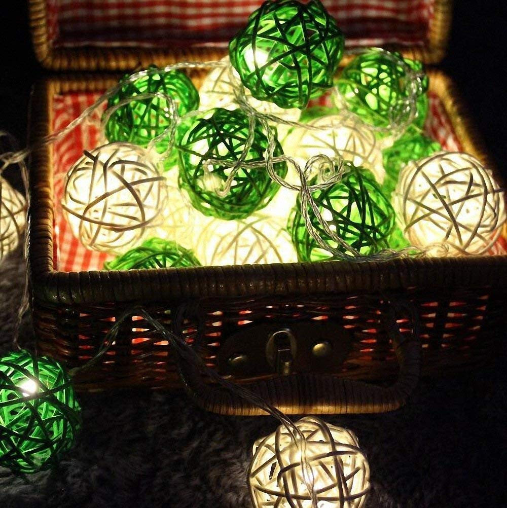 1 Set of Green n White 5cm Rattan Cane 20 Ball Battery Powered 3m String Lights Christmas Gift Home Wedding V382-GREENWHITERATTBALLBATT20