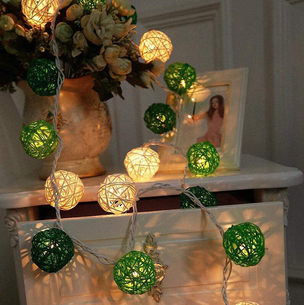 1 Set of Green n White 5cm Rattan Cane 50 Ball Battery Powered LONG 5m String Lights Christmas Gift Home V382-GREENWHITERATTBALLBATT50