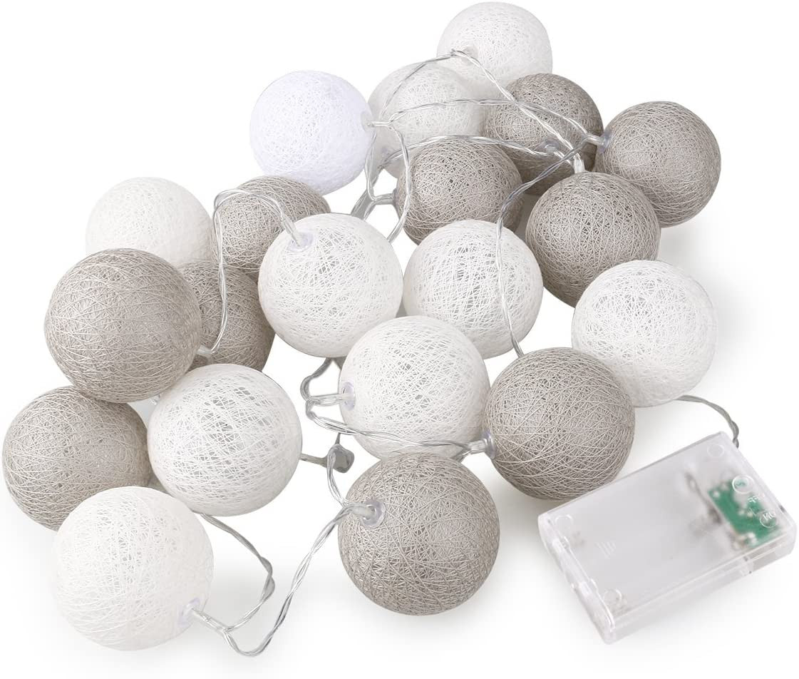 1 Set of 20 LED Grey White 5cm Cotton Ball Battery Powered String Lights Gift Home Wedding Party Bedroom V382-GREYWHITEBALLBATT20
