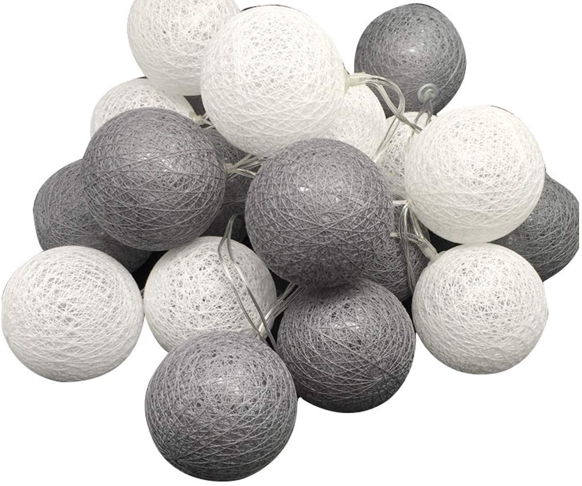 1 Set of 20 LED Grey White 5cm Cotton Ball Battery Powered String Lights Gift Home Wedding Party Bedroom V382-GREYWHITEBALLBATT20