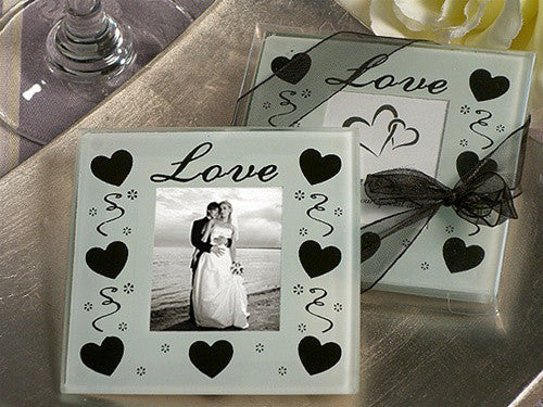10 Pack Wedding Coasters Glass Square Photo Frame Bomboniere Favour 9x9cm - 2 Frames per Pack V382-HEARTSQCOASTRX10