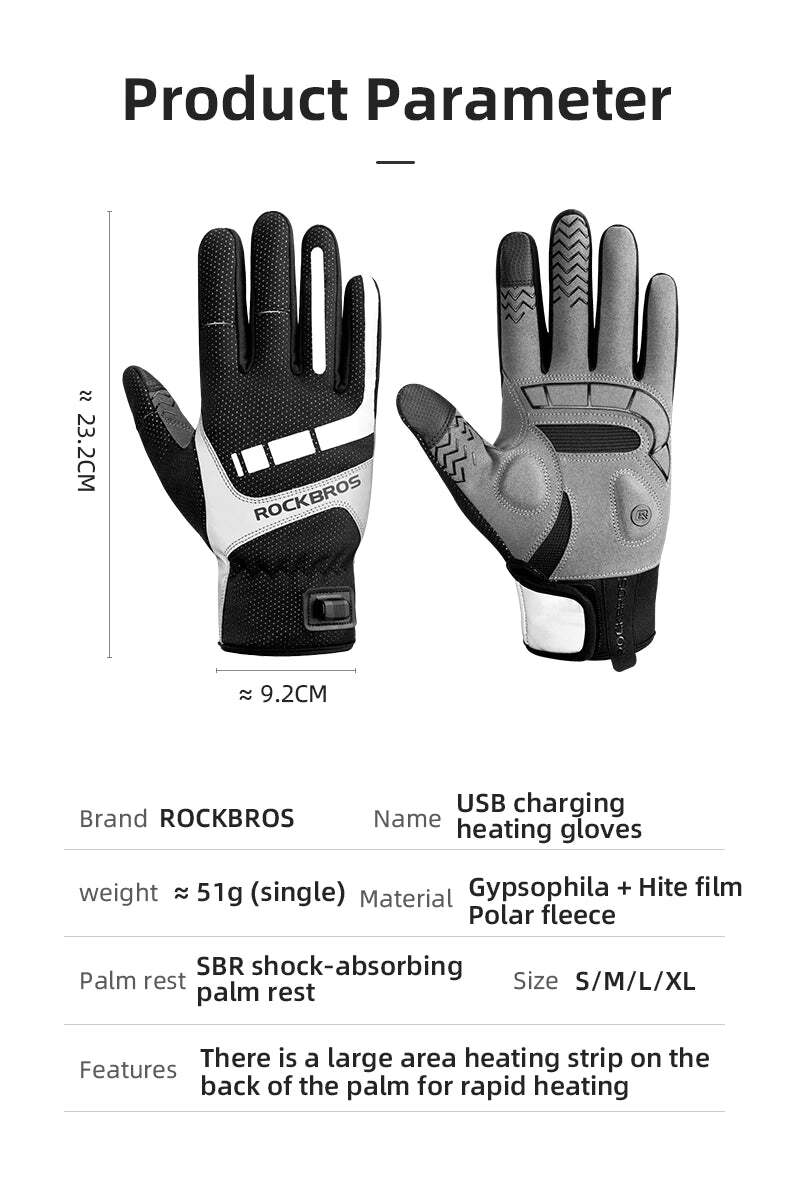 MTB Heated Gloves Large for Mountain Road Bike Breathable Winter Autumn Cycling Camping Running Outdoor Sport V382-HEATEDGLOVESRBL