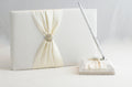 White Wedding Guest Book Register with Silver Pen Matching Stand Set 36 Lined Pages - Ivory Sach Ribbon Cover V382-IVRYSACHGBPEN