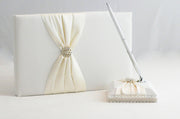 White Wedding Guest Book Register with Silver Pen Matching Stand Set 36 Lined Pages - Ivory Sach Ribbon Cover V382-IVRYSACHGBPEN