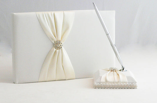 White Wedding Guest Book Register with Silver Pen Matching Stand Set 36 Lined Pages - Ivory Sach Ribbon Cover V382-IVRYSACHGBPEN