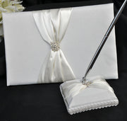 White Wedding Guest Book Register with Silver Pen Matching Stand Set 36 Lined Pages - Ivory Sach Ribbon Cover V382-IVRYSACHGBPEN