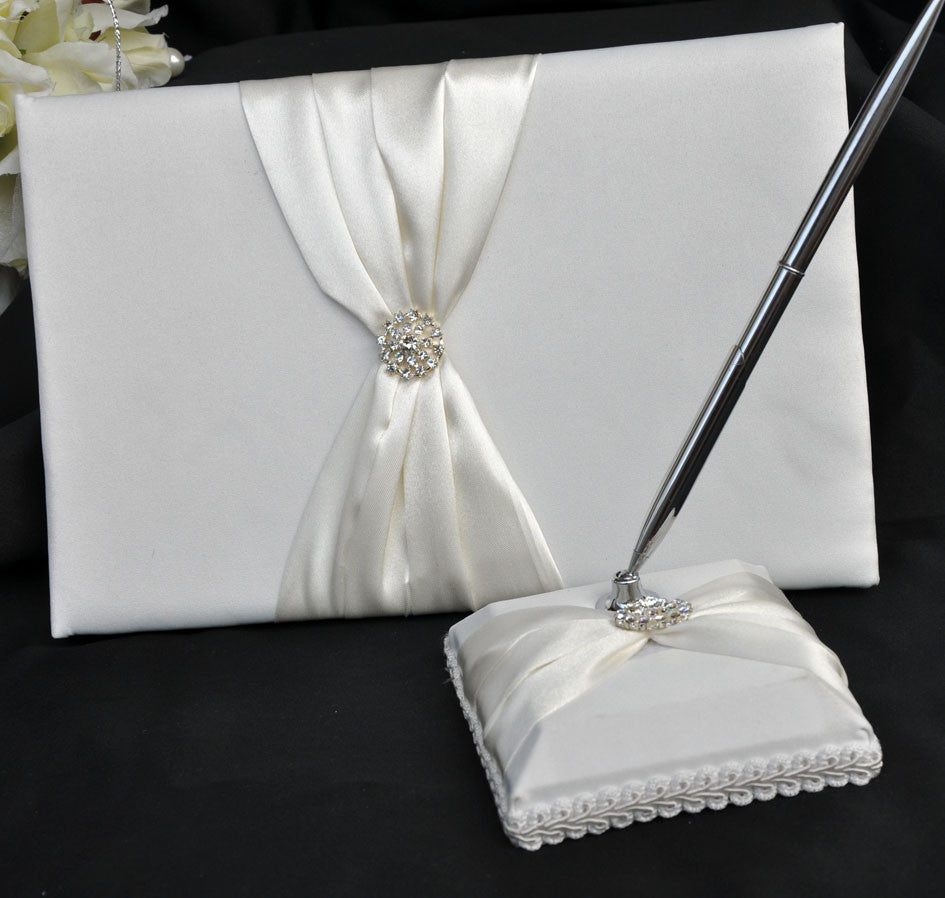White Wedding Guest Book Register with Silver Pen Matching Stand Set 36 Lined Pages - Ivory Sach Ribbon Cover V382-IVRYSACHGBPEN