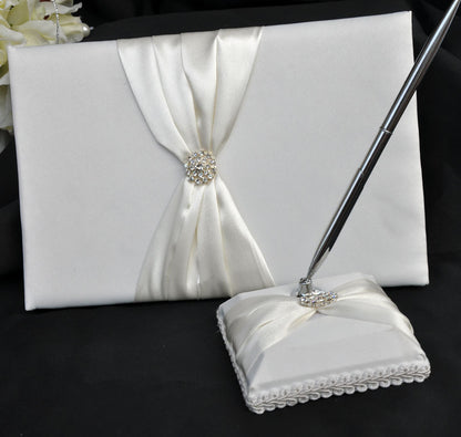 White Wedding Guest Book Register with Silver Pen Matching Stand Set 36 Lined Pages - Ivory Sach Ribbon Cover V382-IVRYSACHGBPEN