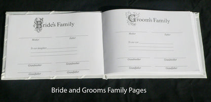 White Wedding Guest Book Register with Silver Pen Matching Stand Set 36 Lined Pages - Ivory Sach Ribbon Cover V382-IVRYSACHGBPEN