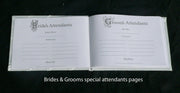 White Wedding Guest Book Register with Silver Pen Matching Stand Set 36 Lined Pages - Ivory Sach Ribbon Cover V382-IVRYSACHGBPEN