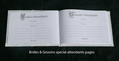 White Wedding Guest Book Register with Silver Pen Matching Stand Set 36 Lined Pages - Ivory Sach Ribbon Cover V382-IVRYSACHGBPEN